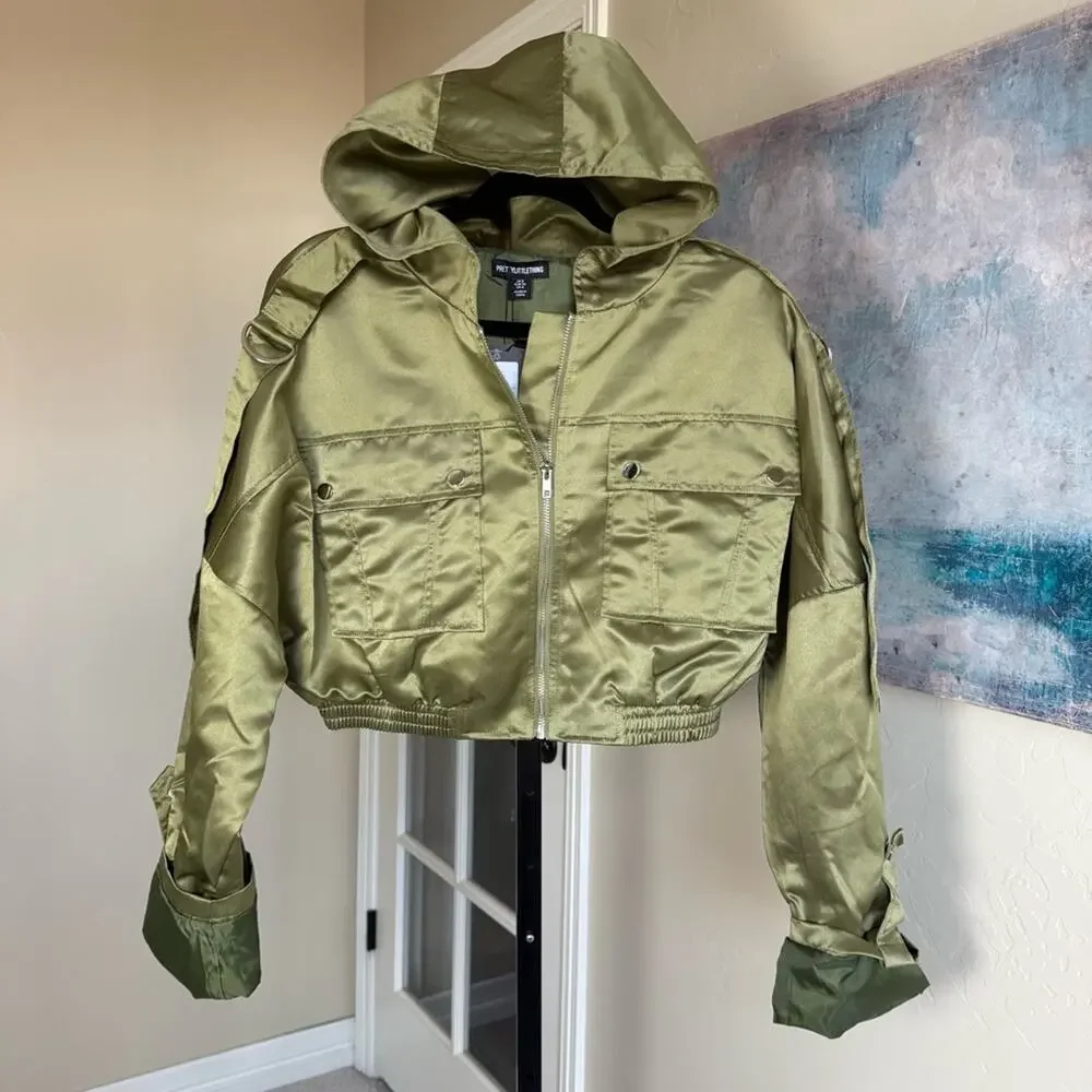 New Pretty Little Thing Womens Satin Oversized Hooded Bomber Jacket Sage Green 6 - Picture 2 of 9